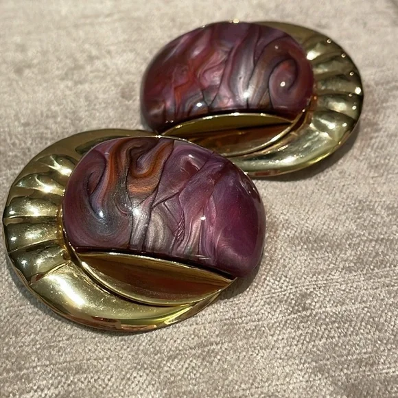Vintage 80’s Gold and Purple Art Glass Earrings Clipon Bold Glam - Picture 5 of 6